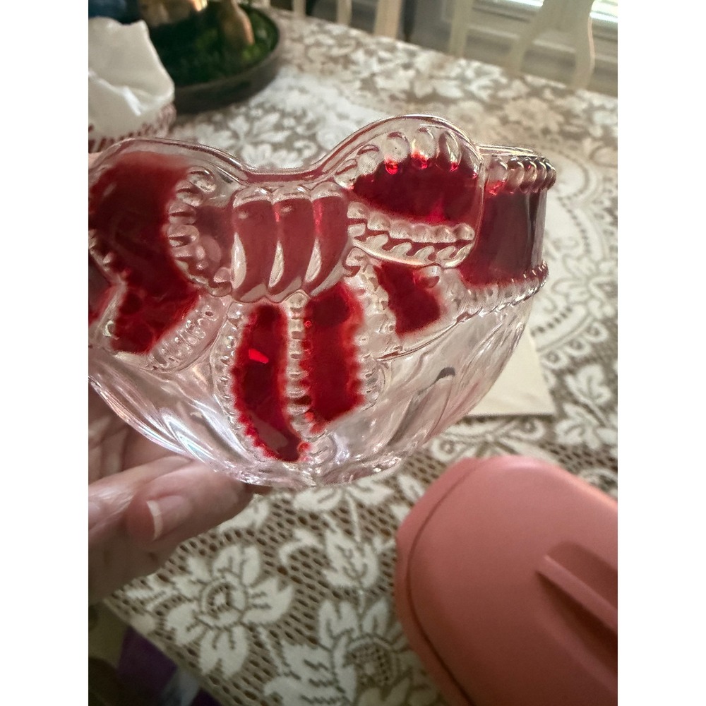 Mikasa Bowl Ruby Red Bow Ribbon Clear Pressed Candy Dish Vintage - Picture 3 of 5